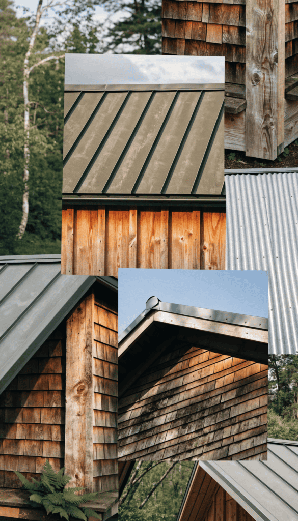 Exterior cedar siding and metal roof Close up of various tiny house roof styles with metal and wooden finishes