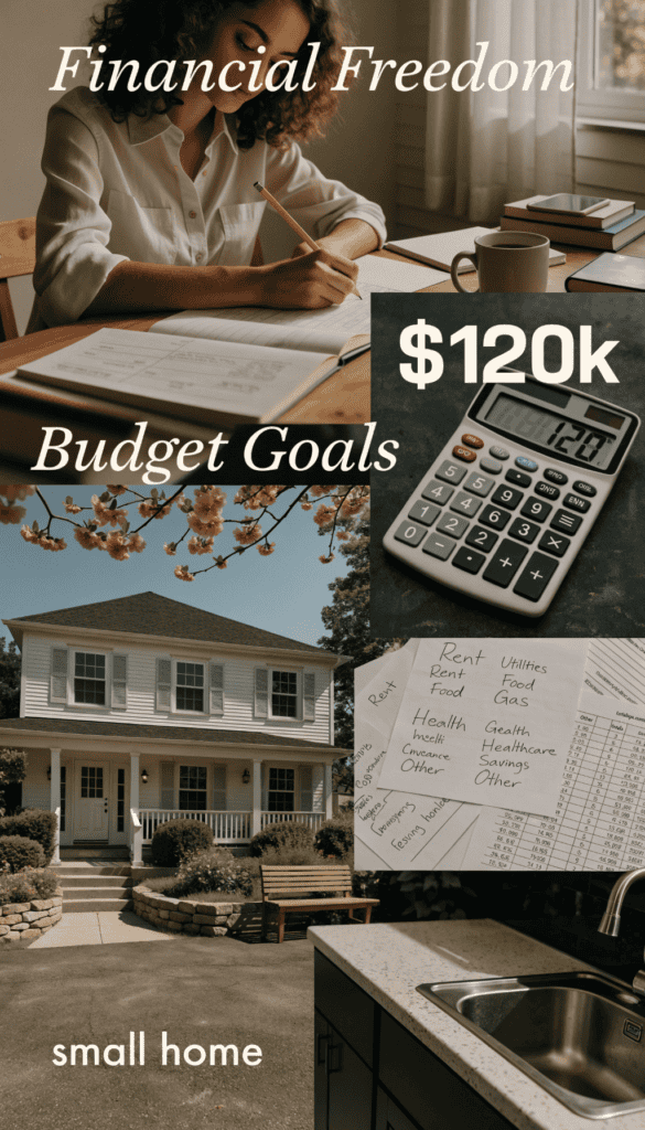 Financial freedom and budget goals Woman planning finances with calculator and notes in a cozy home office