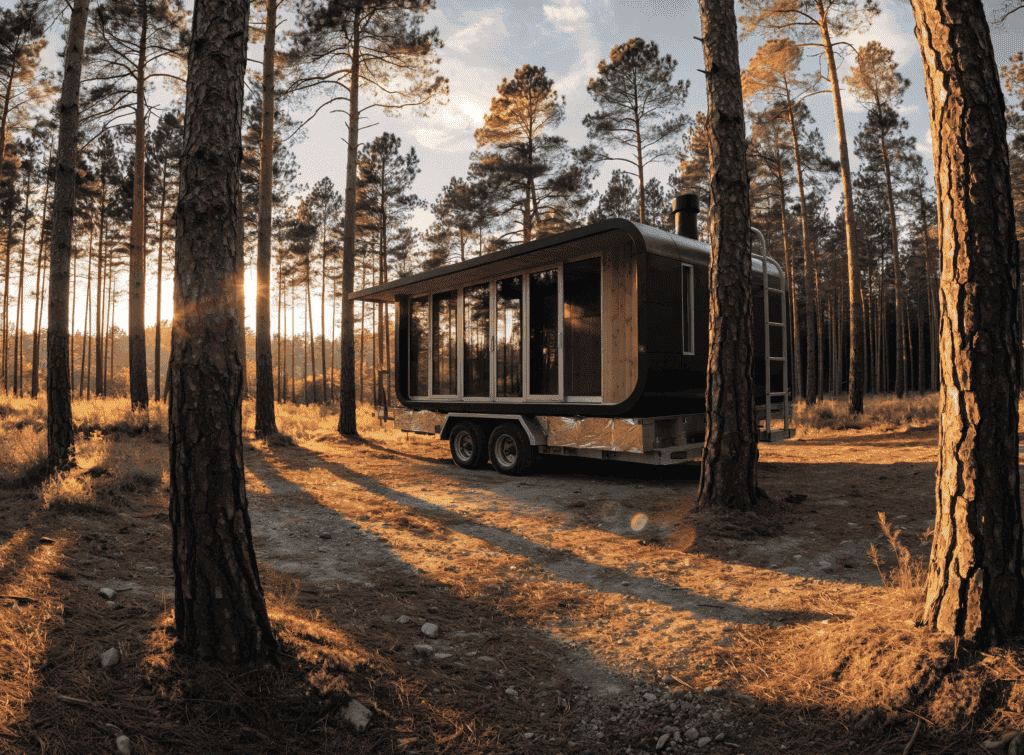 Explore tiny house in forest setting Tiny house on wheels in a forest during sunset with tall trees