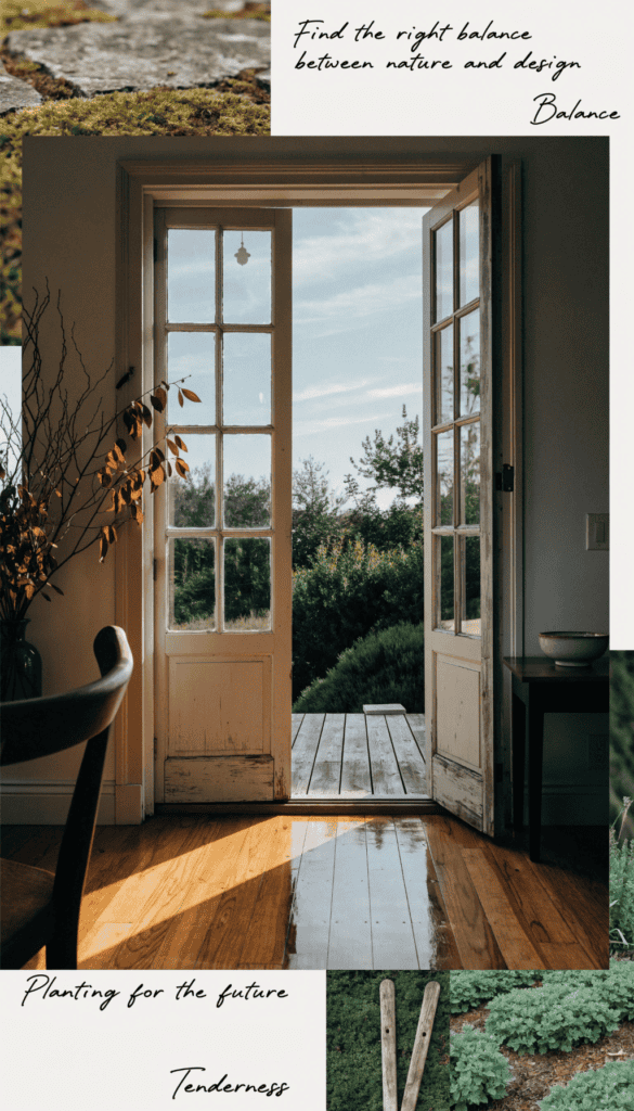 French doors leading to deck Open door leading to a lush green garden with a wooden deck bright sky and natural light