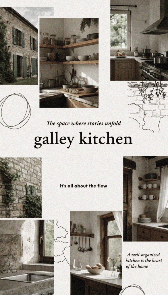 Galley kitchen with floating shelves Galley kitchen with open shelves and rustic decor in a tiny home