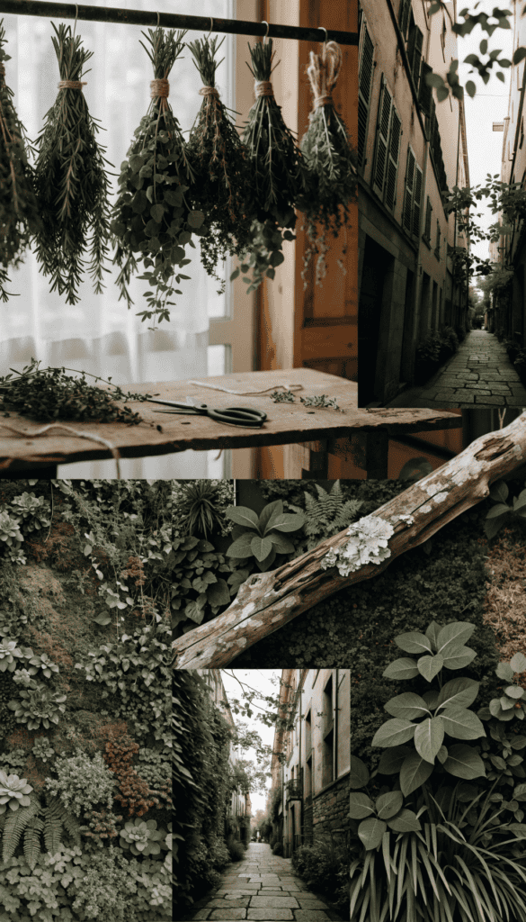 Hanging herbs and vertical garden Hanging herbs and lush greenery in a cozy tiny house interior and outdoor garden