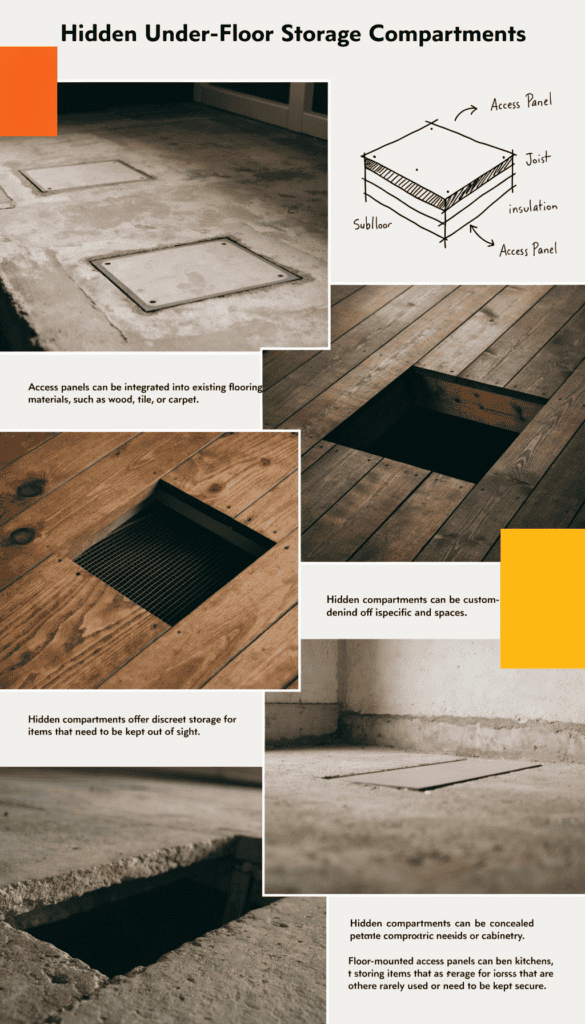Hidden underfloor storage compartments Hidden under floor storage compartments for tiny homes with custom designs and easy access