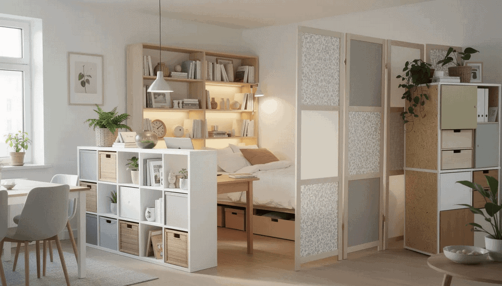 Cozy tiny house interior with smart storage Bright tiny house interior with smart storage and cozy decor for efficient living