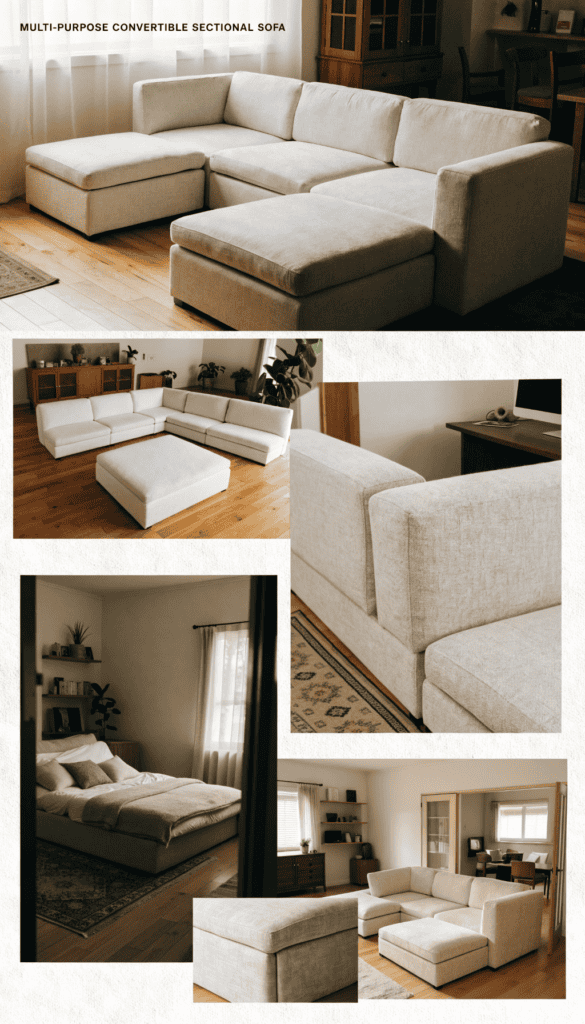 Multipurpose convertible sectional sofa Versatile white sectional sofa for small living spaces and tiny homes