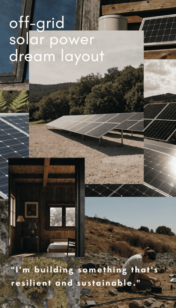 Offgrid solar panel dream layout Off grid solar power setup with dream tiny house layout and scenic background