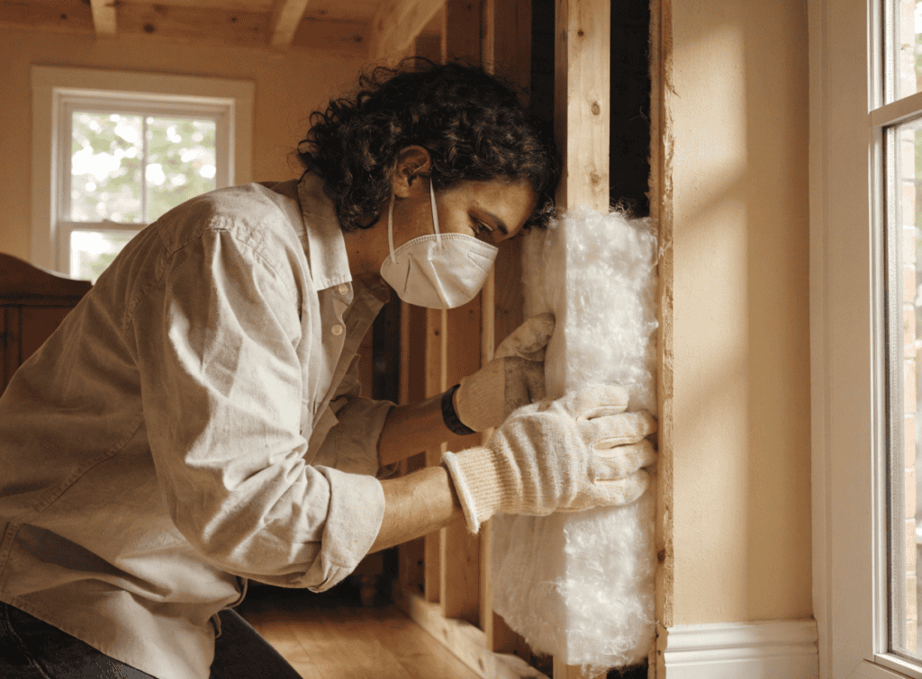 Tiny house insulation installation Person installing insulation in a tiny house with safety mask and gloves