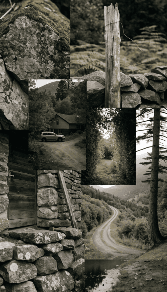 Scenic mountain or forest parking spot Serene tiny house surrounded by lush forest and natural stone features