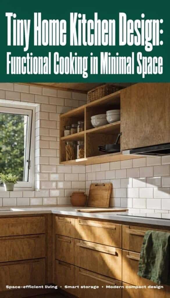 Tiny home kitchen design for small spaces Cover image for a tiny home kitchen guide a compact wooden cabinet kitchen with white subway tile and open shelves under a bold title banner