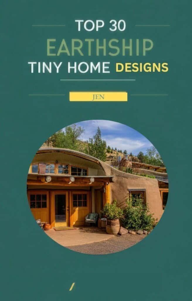 Top 30 earthship tiny home designs Cover image Top 30 Earthship Tiny Home Designs with a round photo of an earthship style house on a green background