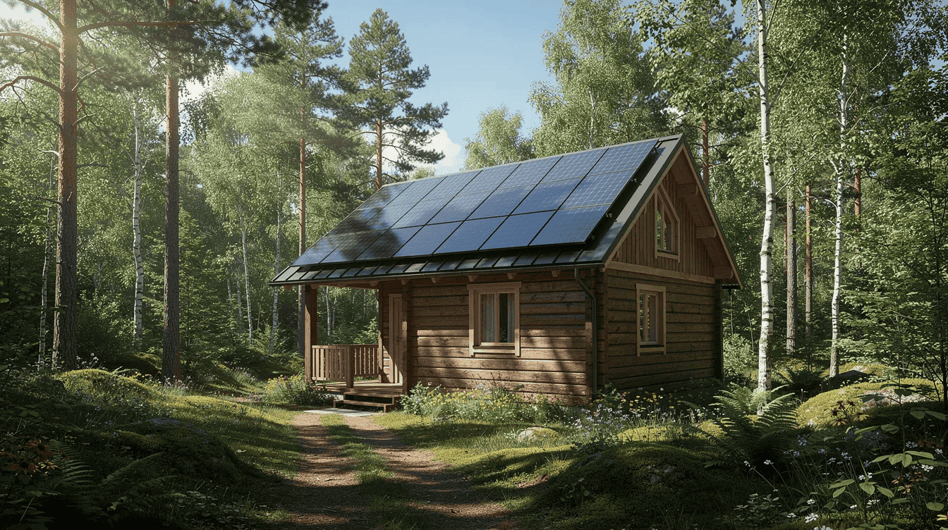 Ecofriendly tiny house with solar panels The image features a small wooden cabin nestled in a forest topped with solar panels that harness renewable energy This setup highlights the cabin's potential as a tiny house that can provide reliable power through solar power, making it an ideal off-grid living solution.