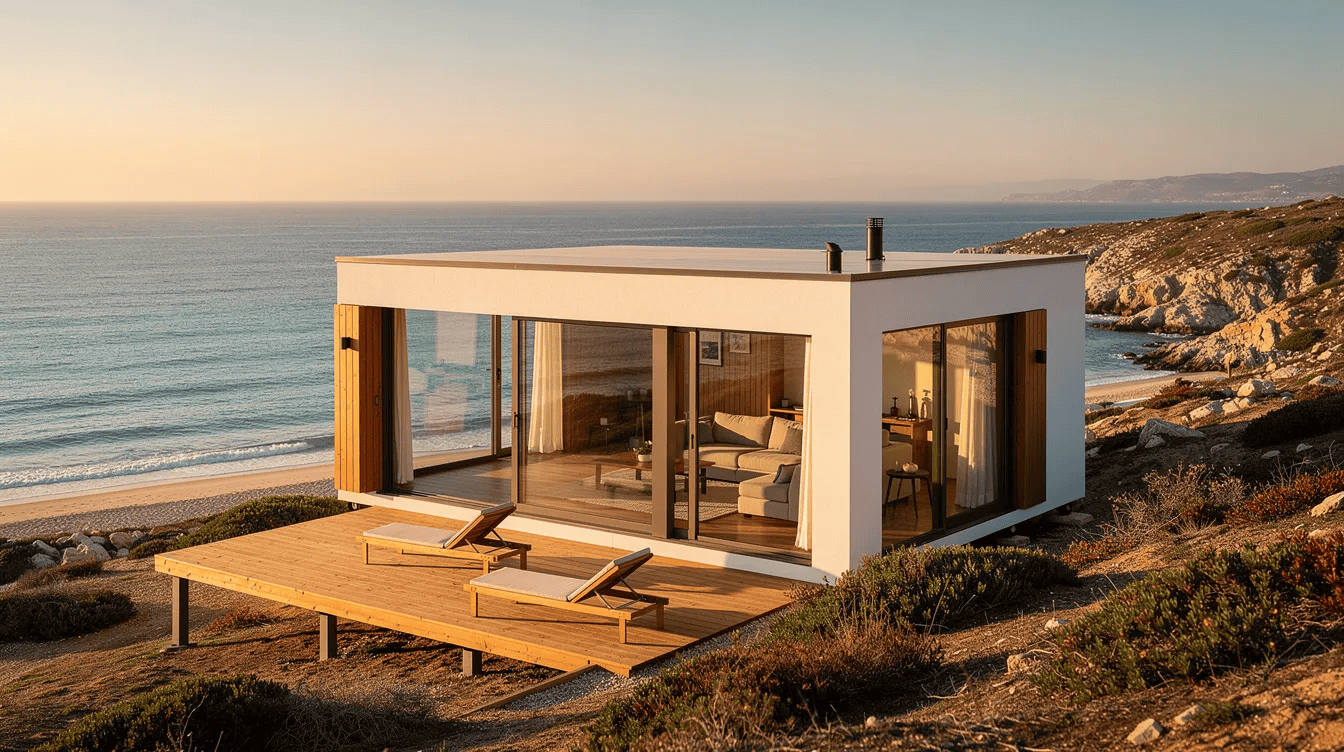 Modern tiny house by the beach Contemporary tiny house with large glass windows overlooking the ocean