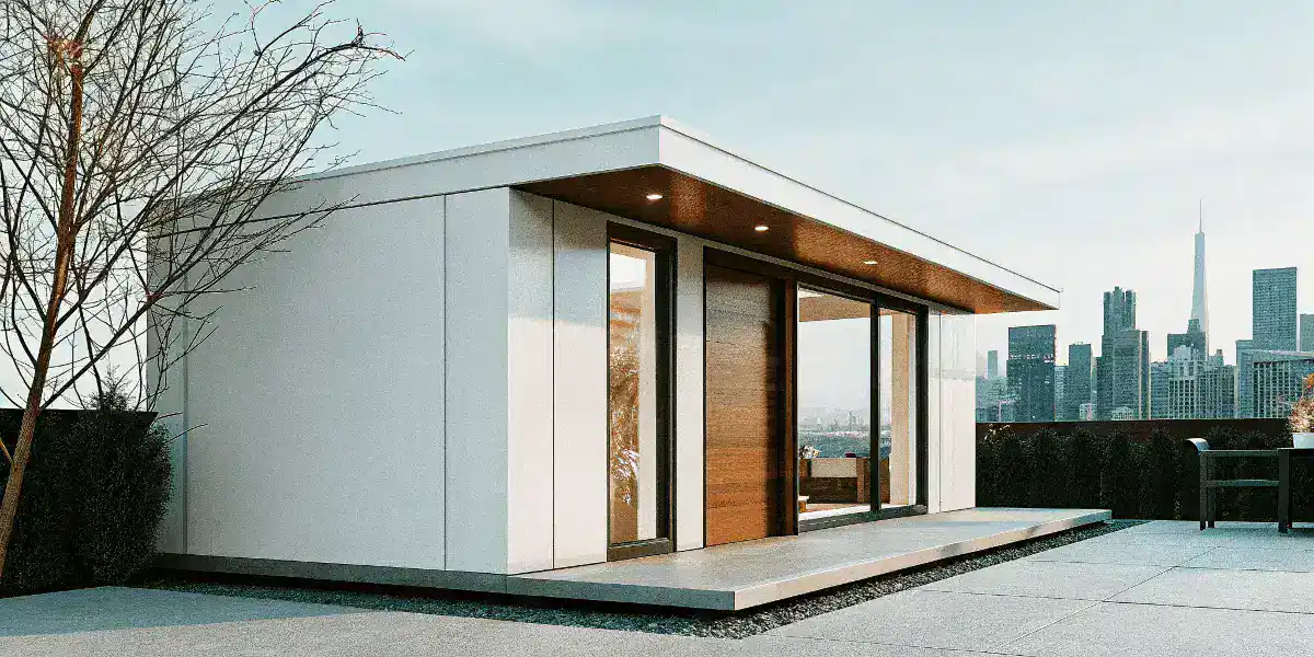 Modern tiny house with city view Contemporary tiny house with large glass doors and city skyline in background