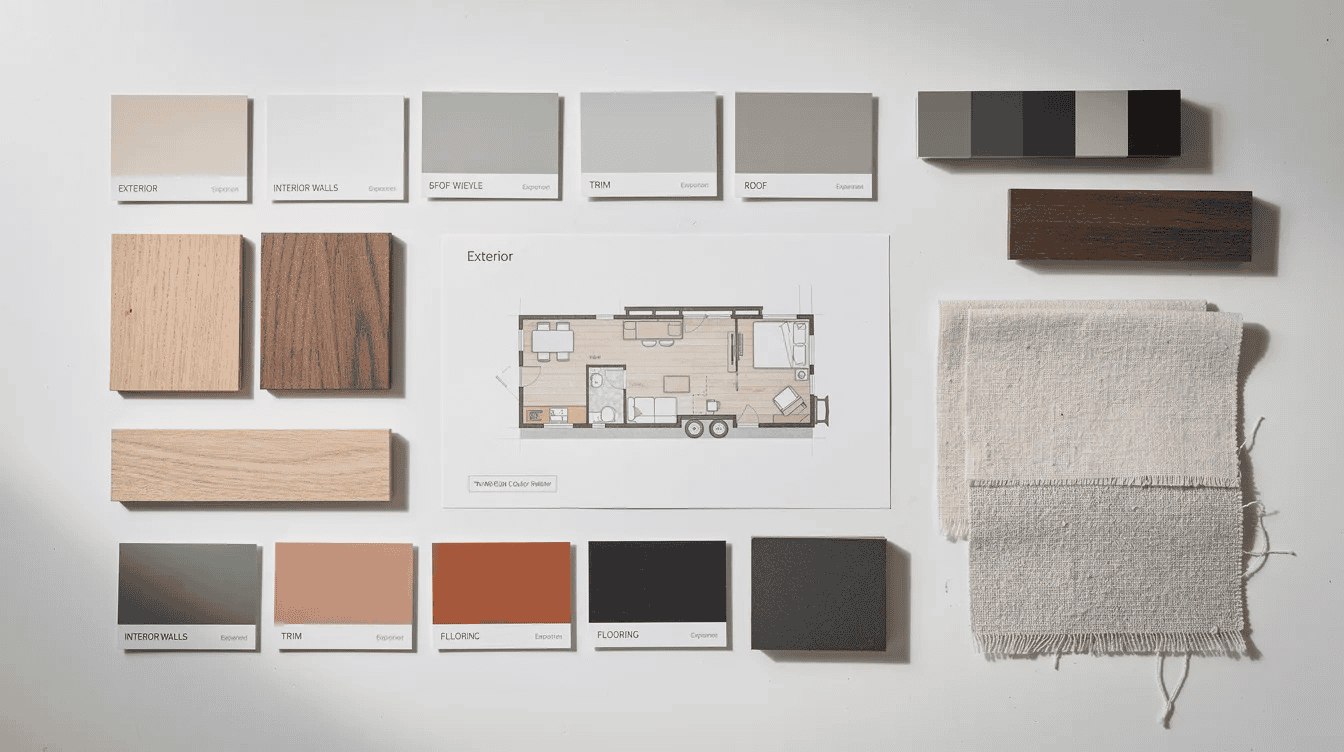 Tiny house interior design materials The image features a top down view of a tiny house color palette showcasing various color swatches arranged neatly on a digital canvas This vibrant collection serves as a visual inspiration for creative professionals offering a clear visual direction for mood board creation and design projects