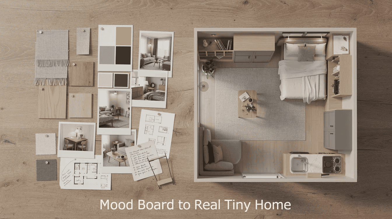 Mood board to real tiny home Tiny house interior design mood board with materials and layout plans