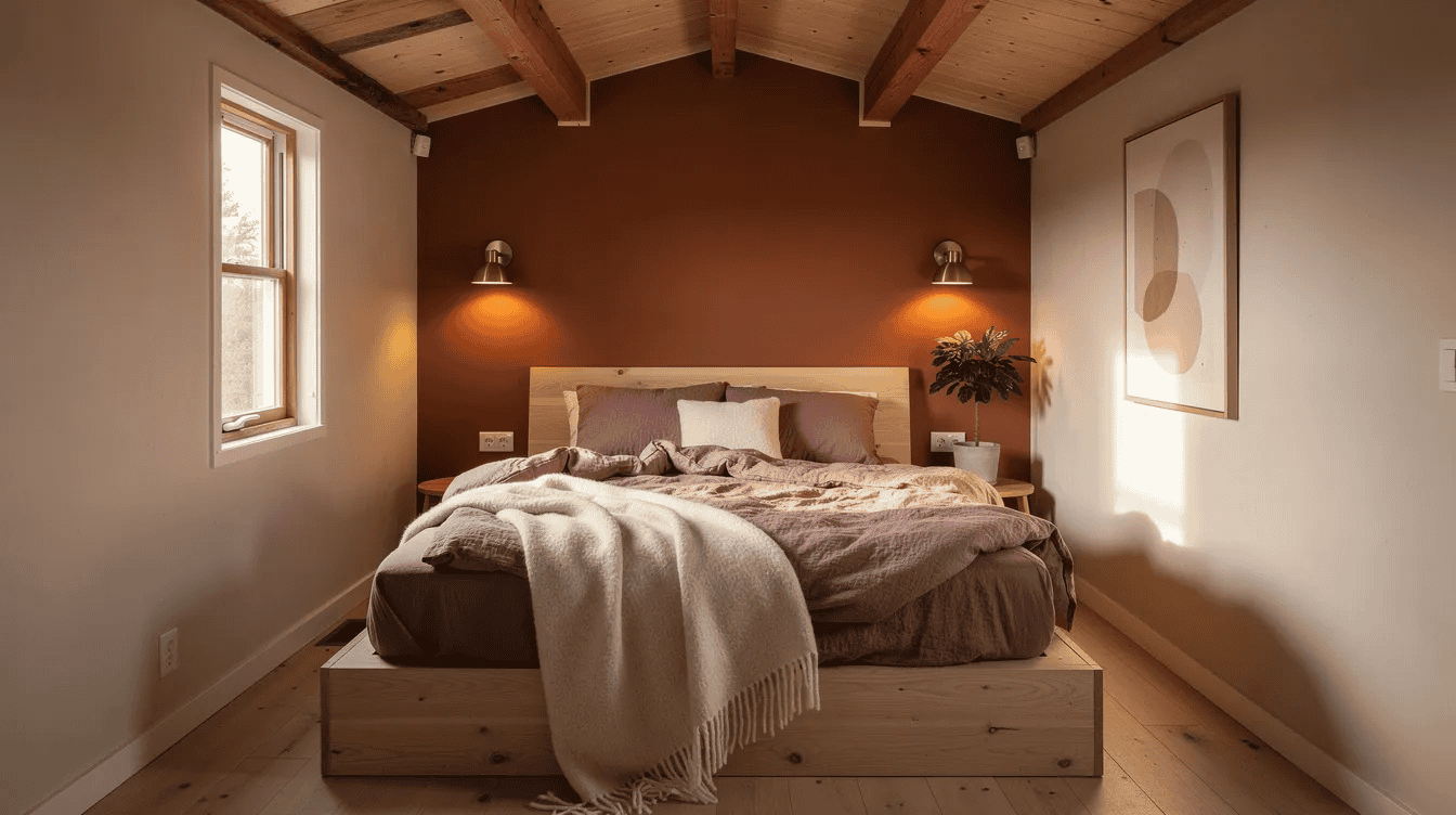 Cozy tiny house bedroom with wooden ceiling Comfortable tiny house bedroom with warm lighting and minimalist decor