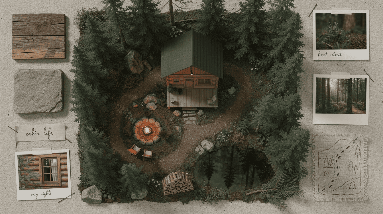 Explore tiny house in forest setting A top down view of a cozy forest cabin surrounded by lush greenery showcasing a nature mood board filled with vibrant colors and textures The image captures the essence of open spaces and modern design providing inspiration for creating a serene retreat in nature