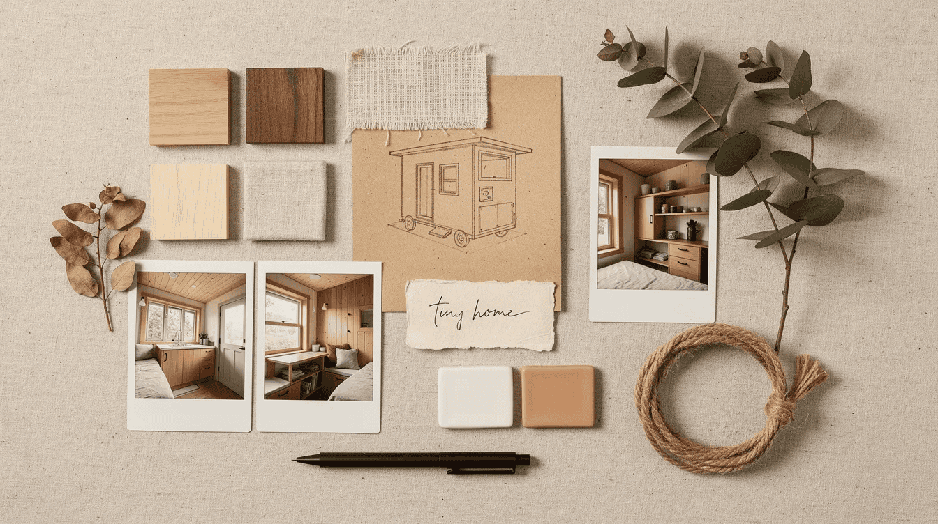 Explore tiny house interior design ideas A top down view of a natural mood board featuring a tiny home showcasing vibrant textures and colors inspired by nature The arrangement includes elements that evoke open spaces and modern design inviting viewers to explore ideas for creating a cozy and clean living environment