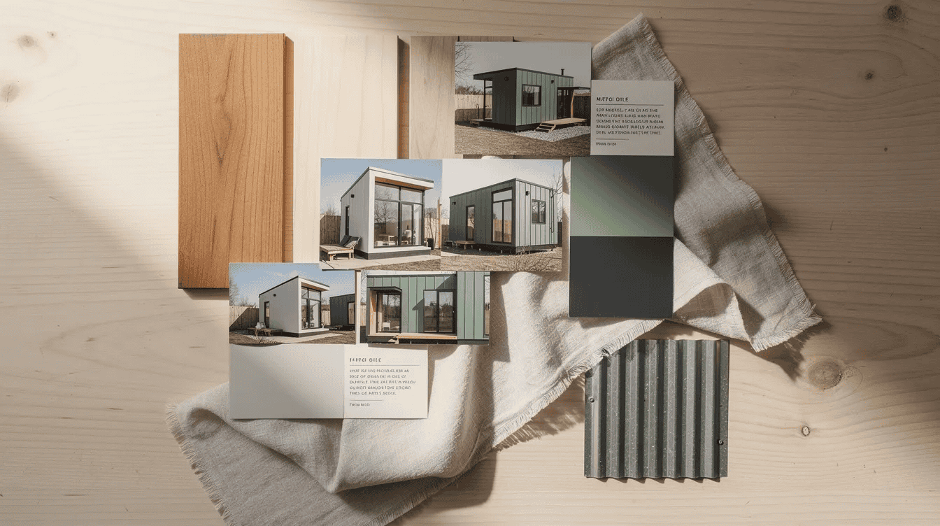 Explore tiny house design samples The image showcases a mood board collage that includes photographs of tiny house exteriors wood grain samples and color swatches in sage green and charcoal Additionally a small piece of corrugated metal and draped linen fabric are arranged on a light wooden table reflecting elements of creativity and design for clients exploring architectural projects