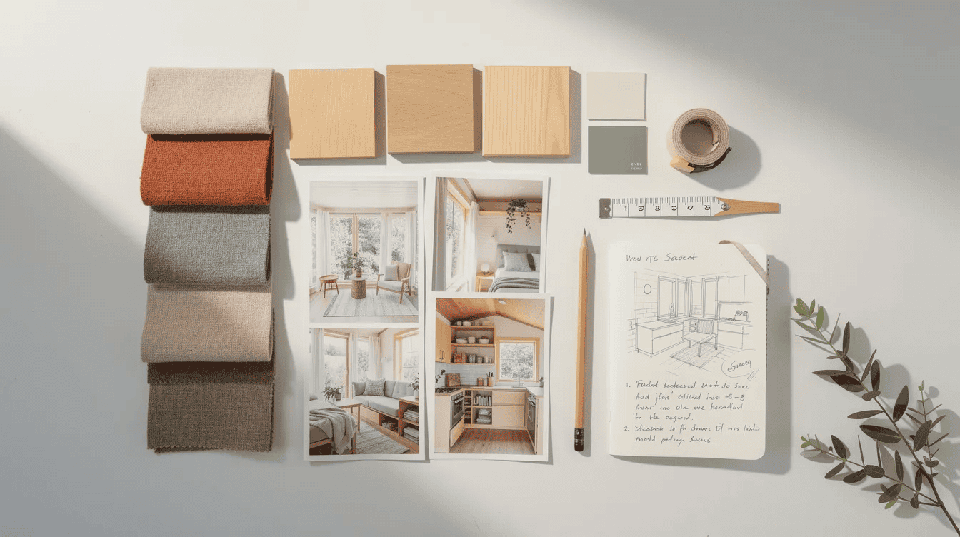 Tiny house interior design inspiration The image showcases a top down view of a tiny home mood board featuring a collection of visual elements such as color palettes style references and design direction This digital mood board is a creative exploration tool combining various aesthetic directions and visual inspiration for interior designers and creative professionals