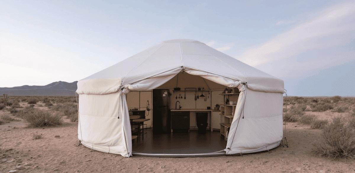Explore tiny house in desert landscape Unique tiny house in desert with open front view and cozy interior
