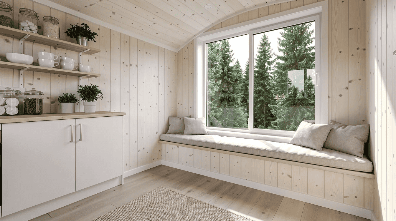 Cozy tiny house interior with large window Bright tiny house interior with large window and built in window seat