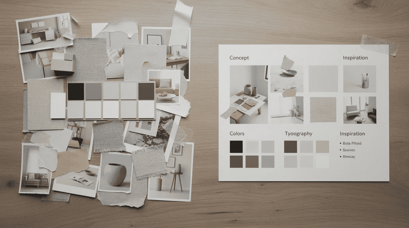 Tiny house interior design mood board Miniature house interior design samples and mood board for tiny house decor