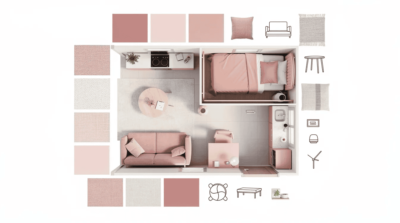 Tiny house interior design layout Interior layout of a cozy tiny house with pink accents and modern furniture