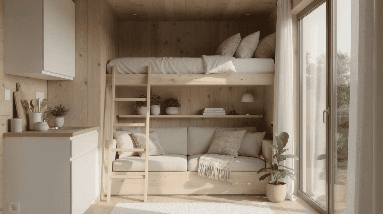 Cozy tiny house interior with loft bed The image depicts a cozy tiny house interior featuring natural wood walls a large window that allows sunlight to stream in a compact loft bed and minimalist decor creating a warm and inviting atmosphere This setting serves as a great source of visual inspiration for anyone interested in interior design or creating their own mood board