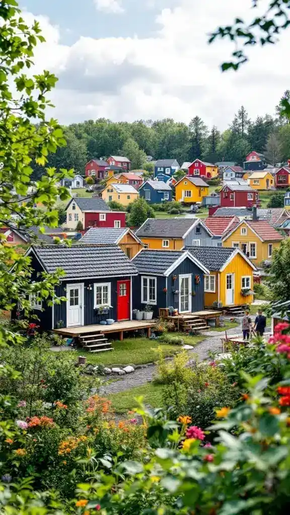 Colorful tiny houses village Vibrant tiny houses in a scenic village with lush greenery and cloudy sky