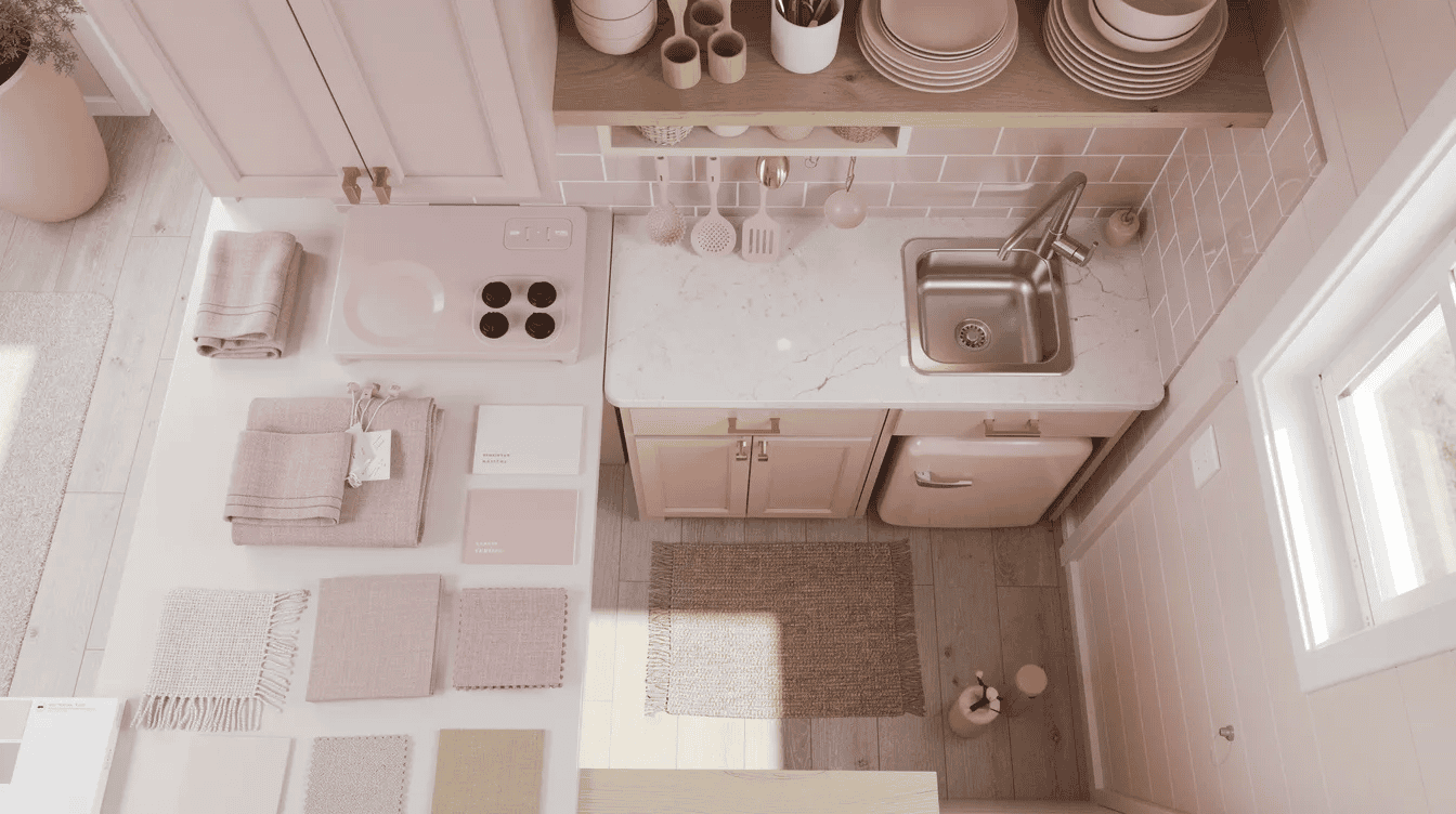 Cozy tiny house kitchen design Charming pink tiny house kitchen with compact appliances and storage