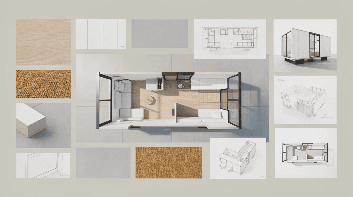 Tiny house interior design and floor plan The image features a top down view of a tiny home architecture mood board showcasing various design elements such as fabric swatches color palettes and sketches that inspire creativity for interior designers This visual representation helps clients explore their options and elevate their understanding of tiny home projects