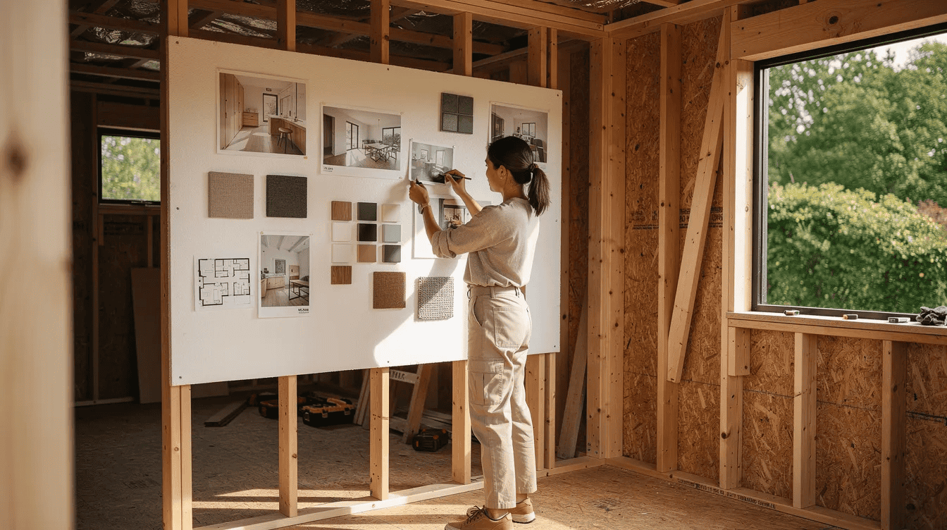Tiny house interior design planning Woman planning tiny house interior on design board inside wooden frame