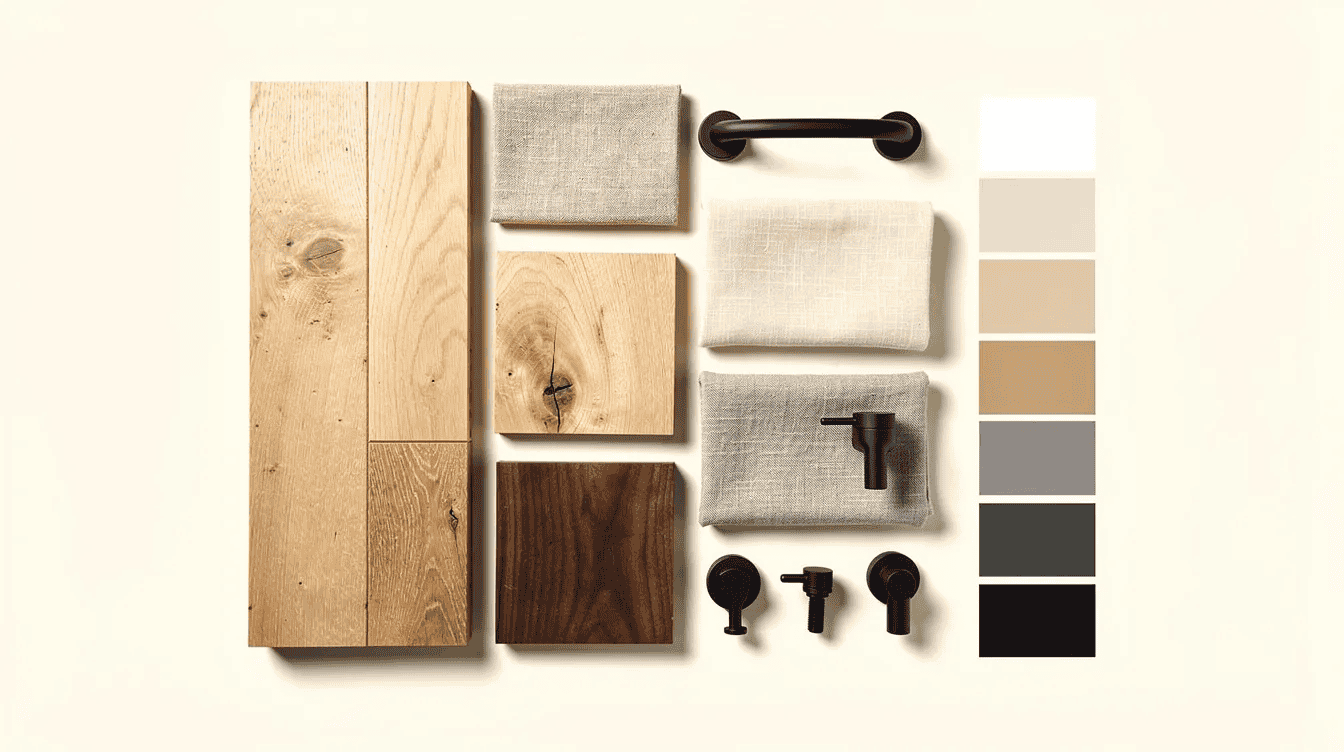 Tiny house interior material samples Interior design materials for tiny house including wood fabric and paint swatches