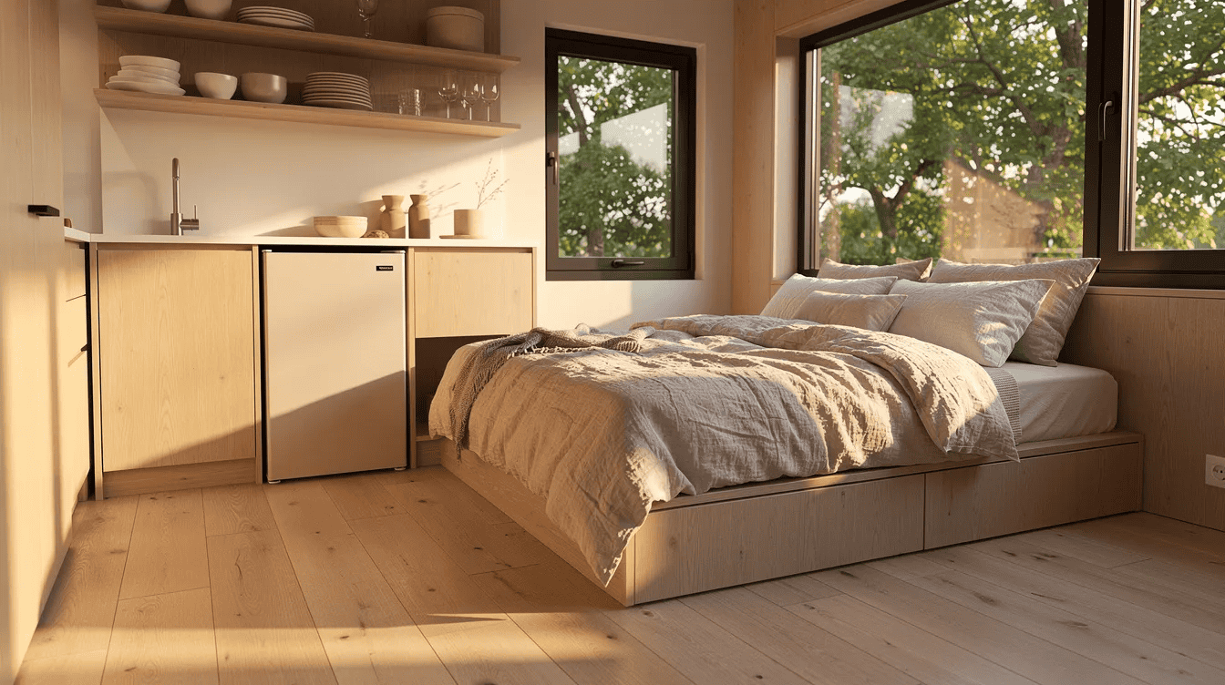 Cozy tiny house bedroom with natural light Bright tiny house bedroom with large windows and minimalist decor