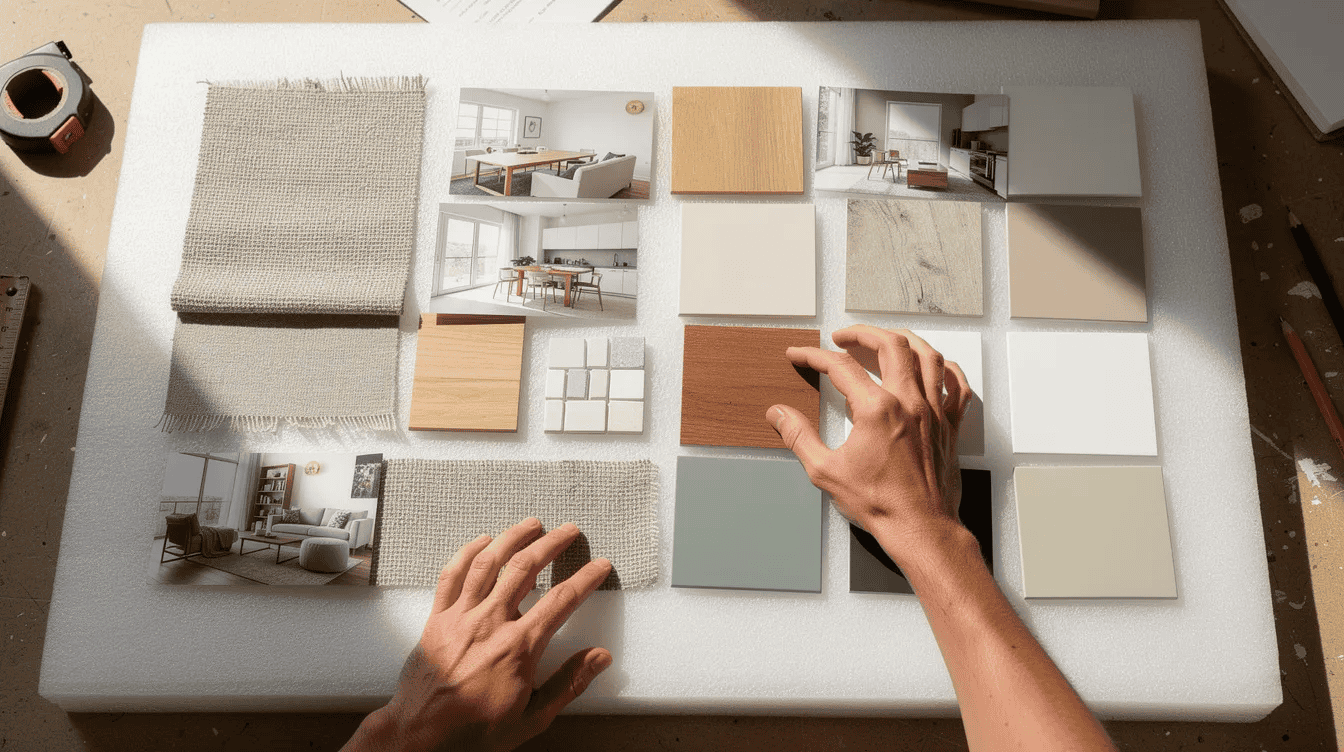 Tiny house interior design samples The image depicts a top down view of a physical mood board showcasing an array of printed photos fabric swatches wood chips tile samples and paint cards pinned onto a foam core surface This tactile arrangement allows builders and designers to explore various textures and colors facilitating a clear visual direction for their creative projects