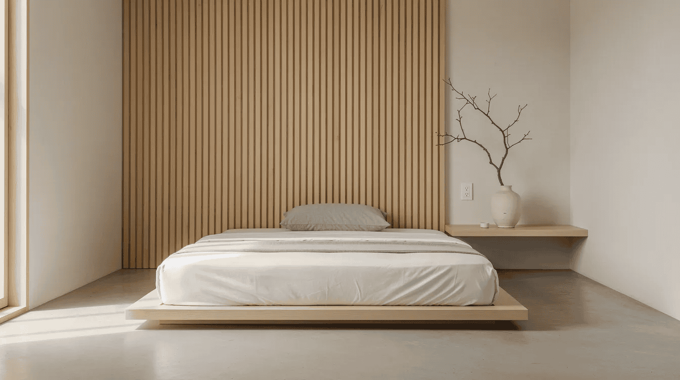 Modern tiny house bedroom interior Minimalist tiny house bedroom with wooden accent wall and simple decor