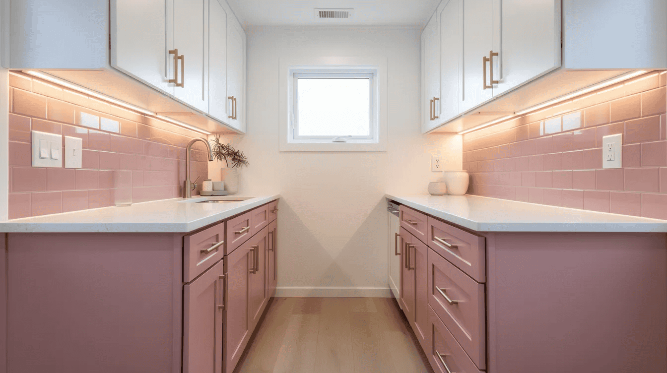Modern tiny house kitchen design Contemporary tiny house kitchen with pink cabinets and white countertops