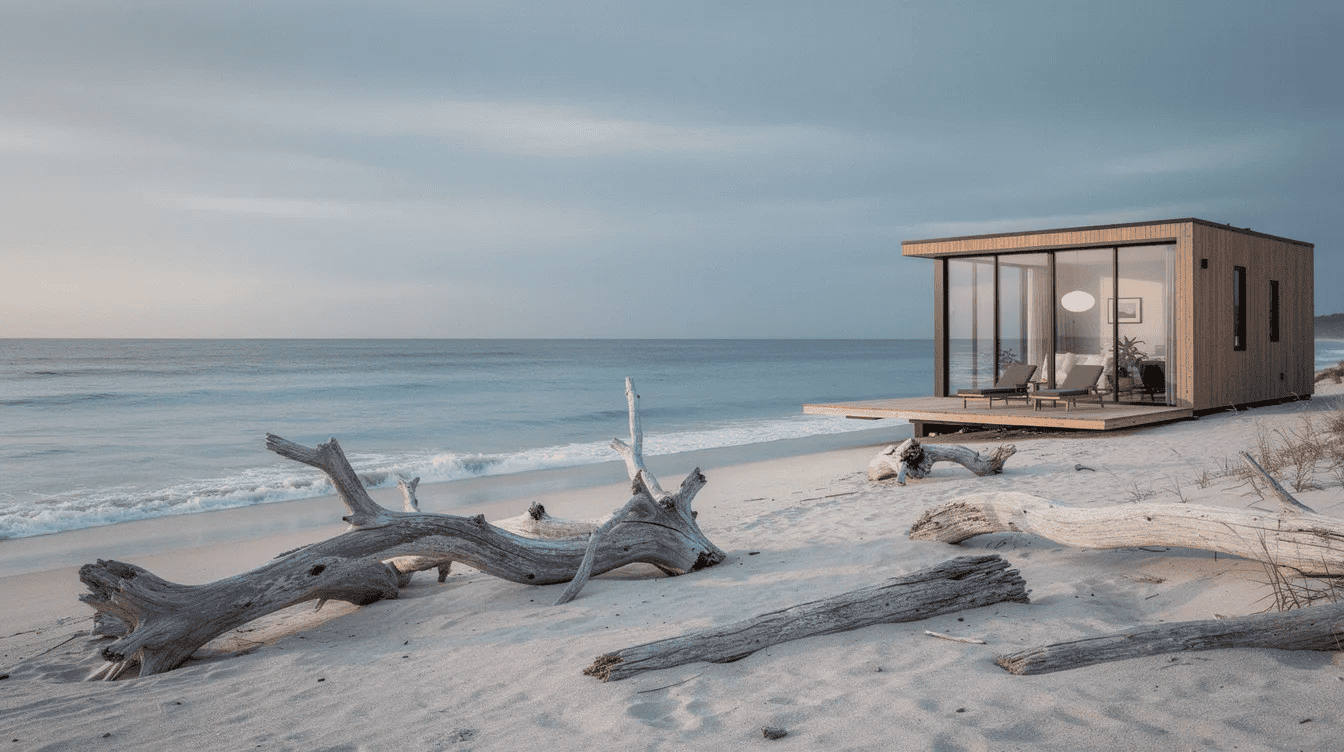 Modern tiny house on beachfront A serene coastal scene features weathered driftwood resting on pale sand with gentle seafoam waves lapping at the shore under soft morning light In the background a small contemporary tiny house with a wide deck faces the ocean creating a tranquil nature mood board filled with inspiration and textures