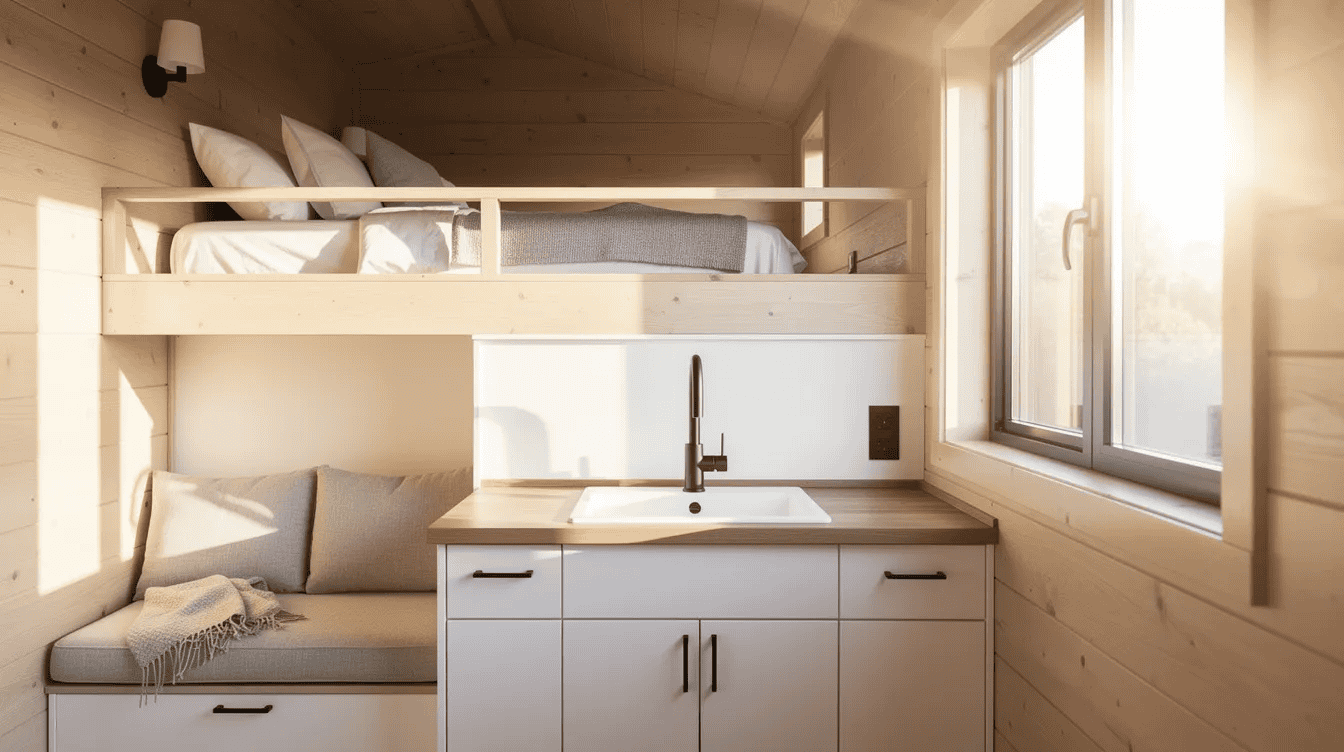 Cozy tiny house interior with loft bed The image showcases a bright tiny house interior featuring light wood walls and a compact kitchen adorned with matte black fixtures illuminated by sunlight streaming through a large picture window A cozy loft is visible above creating an inviting atmosphere that reflects modern architectural design and creativity