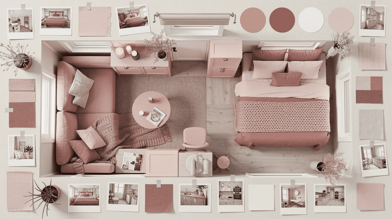 Cozy tiny house interior design Aesthetic tiny house interior with pink and neutral decor cozy sofa and compact furniture