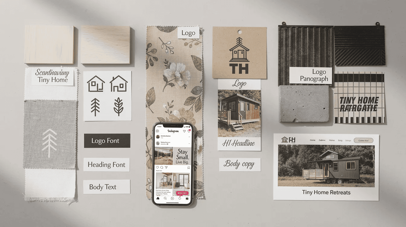 Explore tiny house design materials The image showcases a mood board filled with various typography samples brand elements like a draft logo and design inspirations that reflect the visual identity of a tiny home rental It emphasizes the creative process of aligning fonts colors and patterns to convey a consistent brand personality and aesthetic