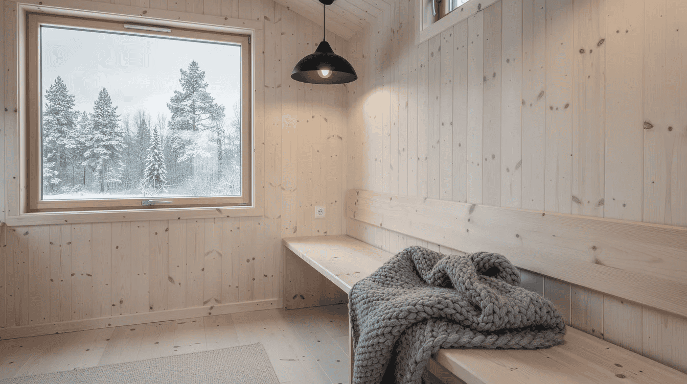 Cozy tiny house interior with wooden walls Interior of a tiny house with wooden walls a window showing snow covered trees and a cozy blanket