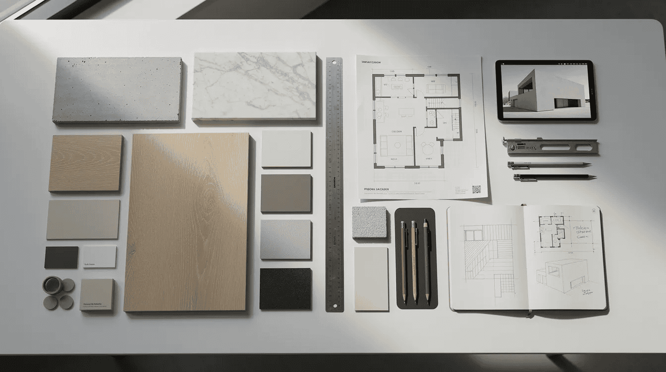Tiny house interior design materials and plans A top down view of an architecture mood board showcases various design elements fabrics and color swatches that an interior designer might use to inspire creativity for a clients home project The arrangement of images and materials helps to elevate the understanding of different styles and concepts in the world of architecture