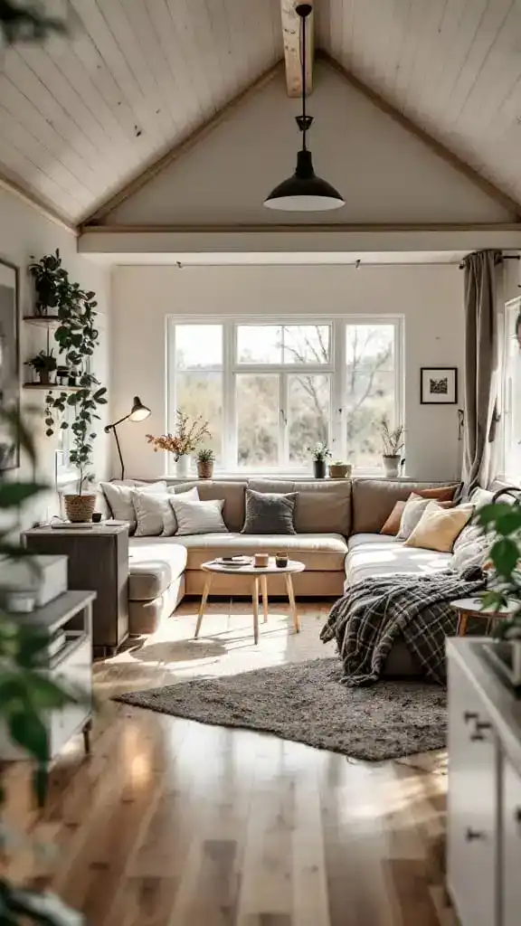 Cozy tiny house living room interior A cozy living space in a Swedish tiny house with a sectional sofa coffee table and large windows
