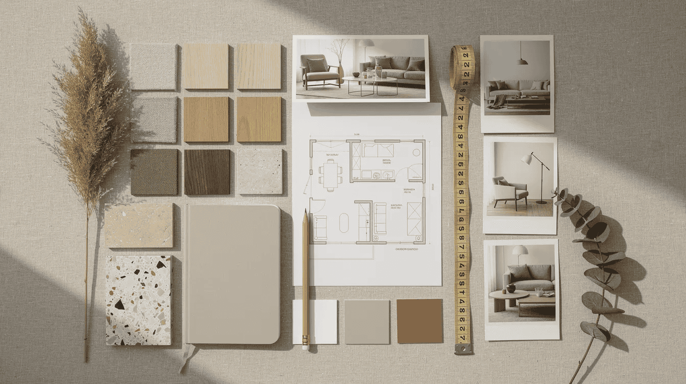 Tiny house interior design planning Interior design mood board for tiny house with materials and furniture