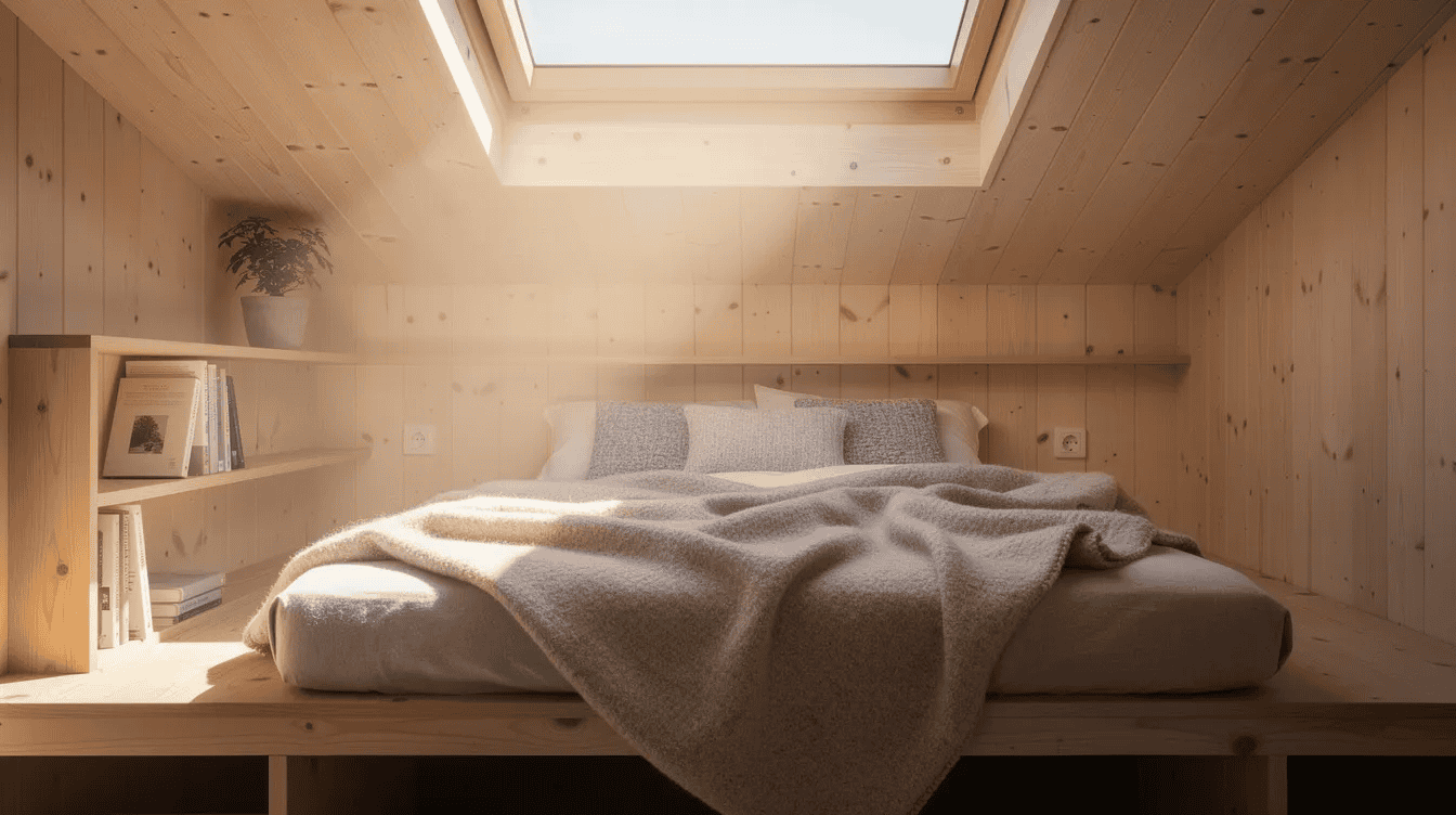 Cozy tiny house bedroom with skylight Small bedroom in a tiny house with a skylight and wooden interior