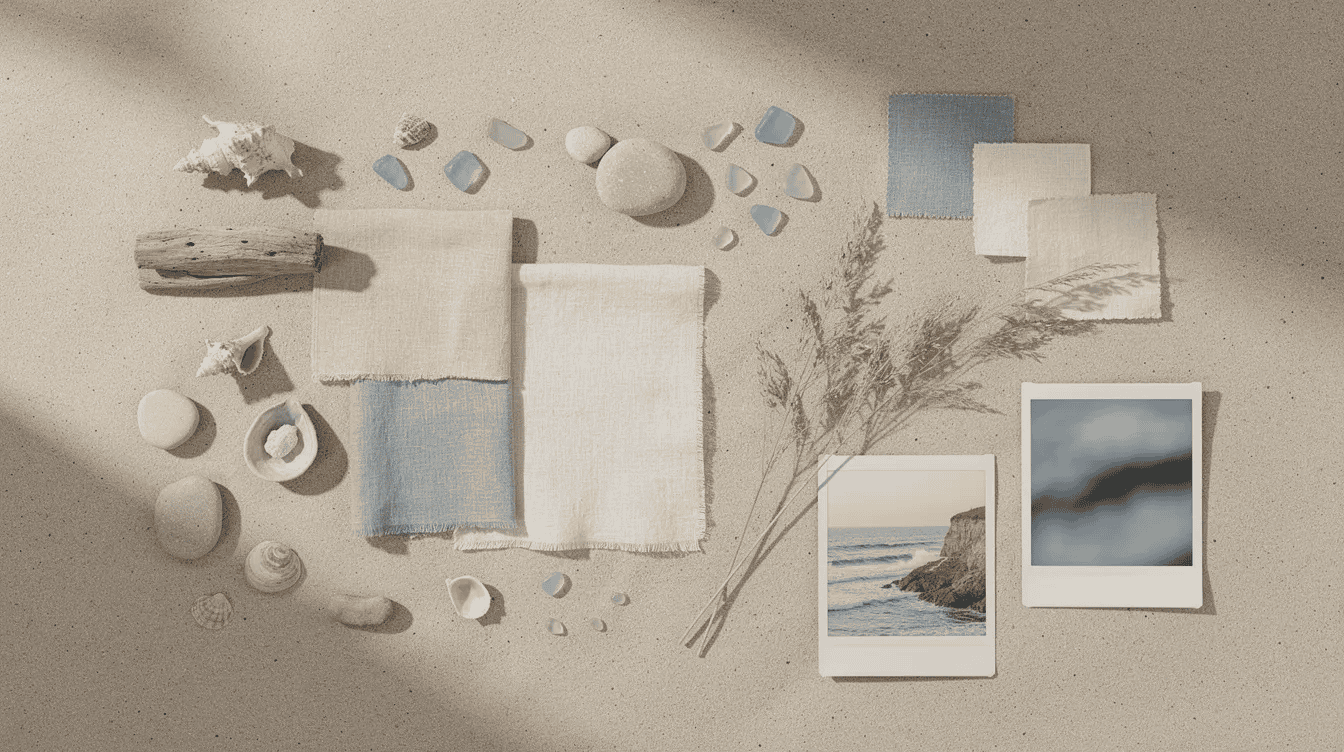 Tiny house interior design materials A vibrant coastal mood board showcases a top down view of natural elements including sandy textures ocean waves and greenery creating an inspiring design for open spaces This composition invites viewers to feel the essence of nature and gather ideas for a modern clean aesthetic